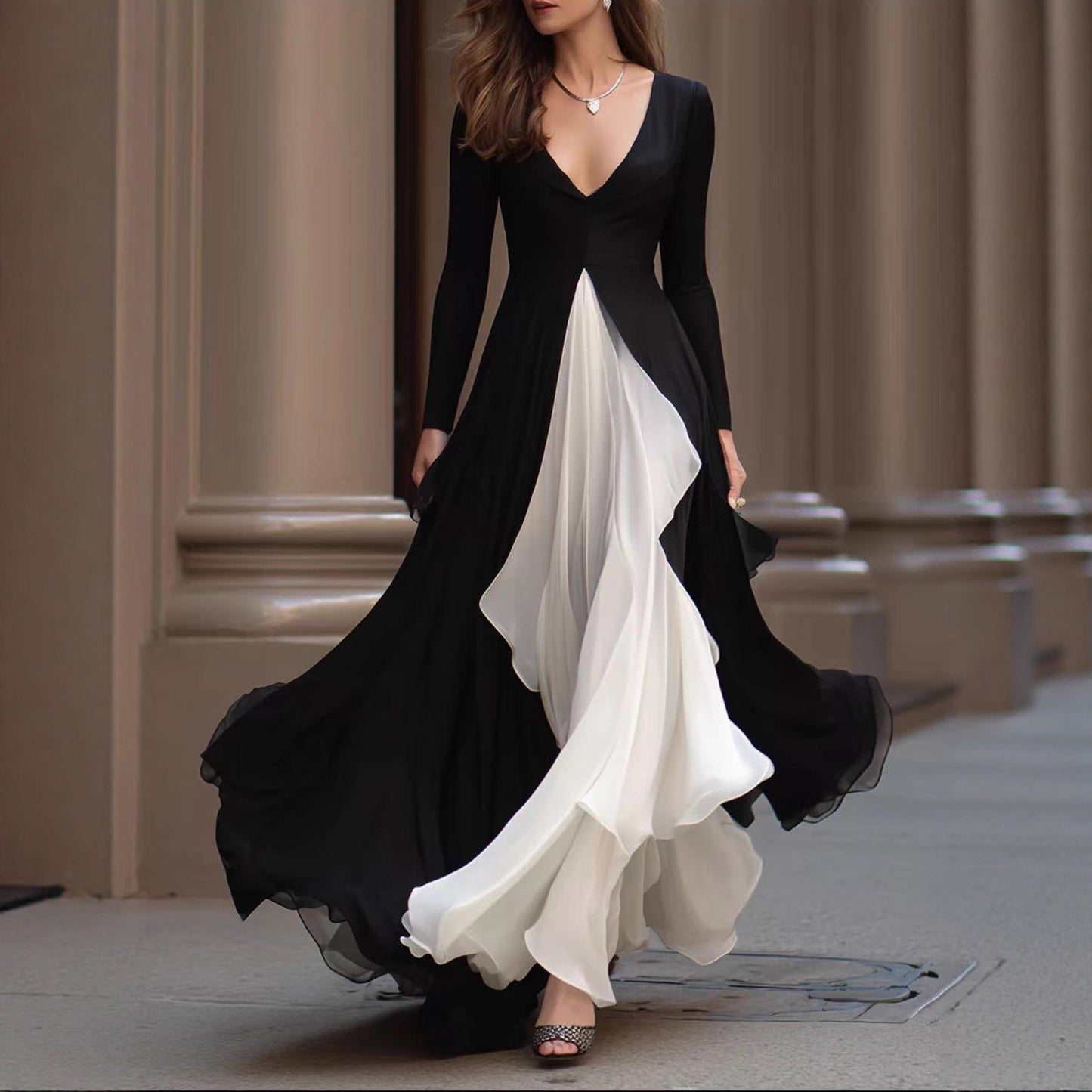 Oversized French Black/White Long Sleeve V-Neck Skinny Maxi Big Swing Dress