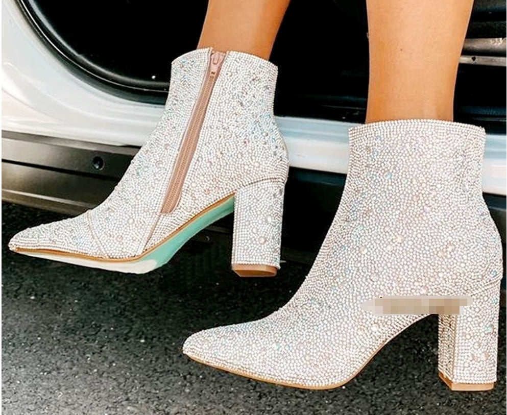 Rhinestone Sparkling Glitter Pointed Toe Women's Platform Zipper Ankle Boots