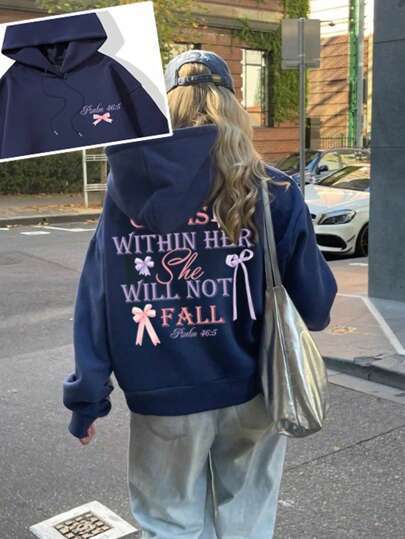 Oversized "God Is Within Her She Will Not Fail" O-Neck Bow Butterfly Heart Letter Print Women's Hoodie Sweatshirt