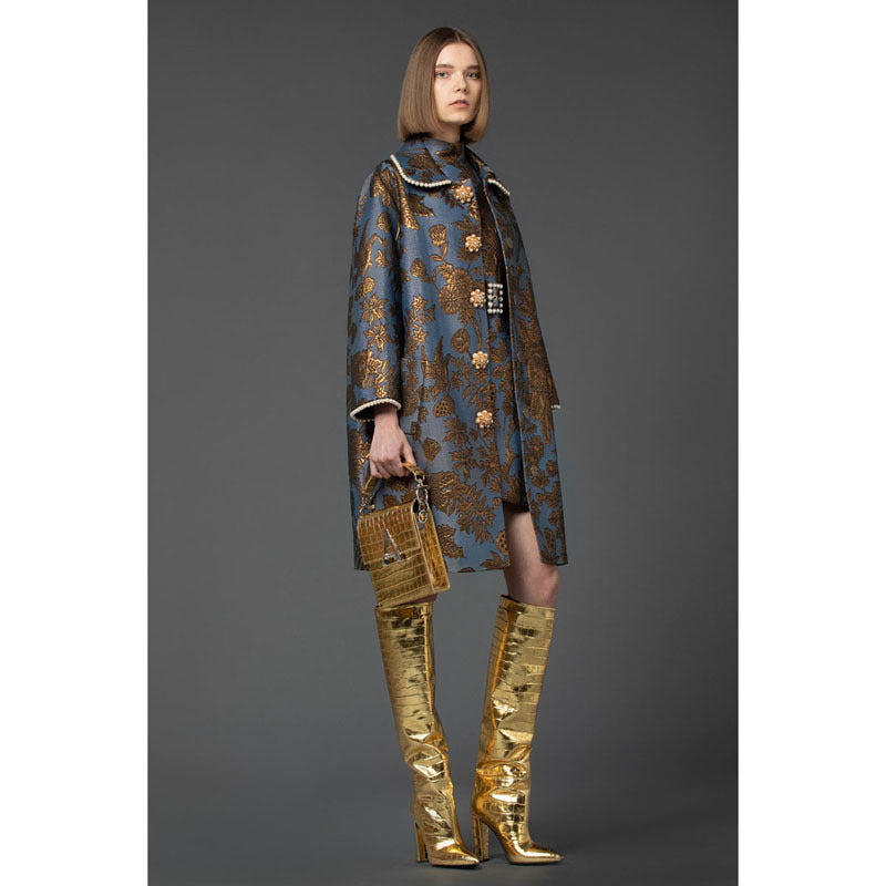 Metallic Croc Pattern Women's Solid Color Pointed Toe Square Heel Knee-High Boots