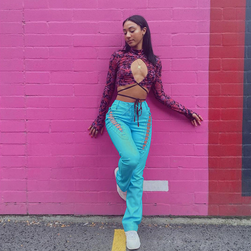 Hollow-Out Faux Leather Straight Women's Ankle Pants