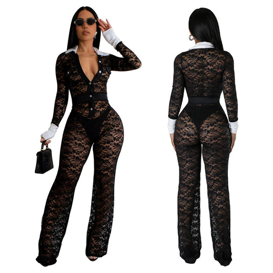 Sheer Lace Transparent Long Sleeve Button-Up Jumpsuit