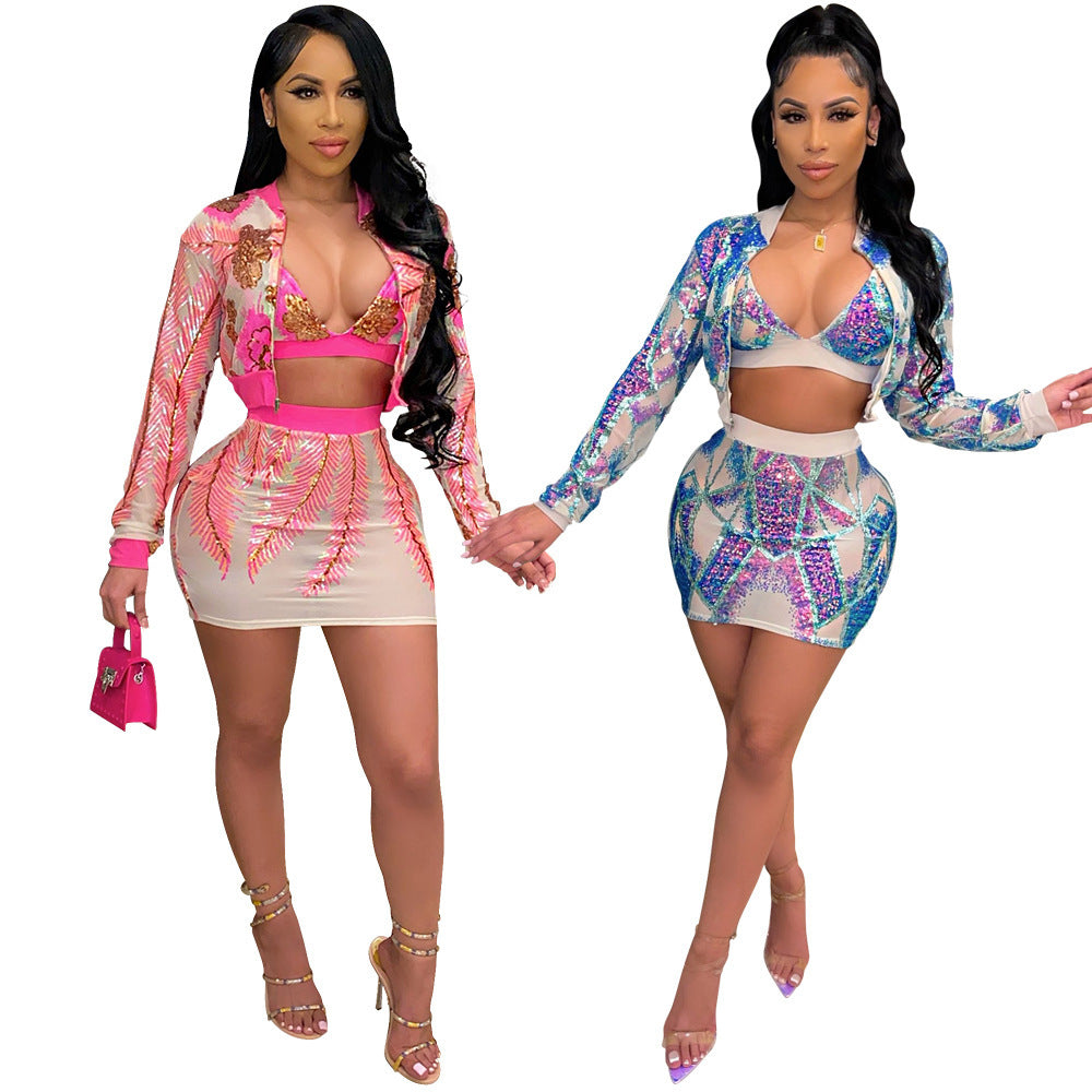 Tropical Print Women's Sequin Zipper Bomber Jacket + Bra + Mini Skirt Matching 3-Piece Set