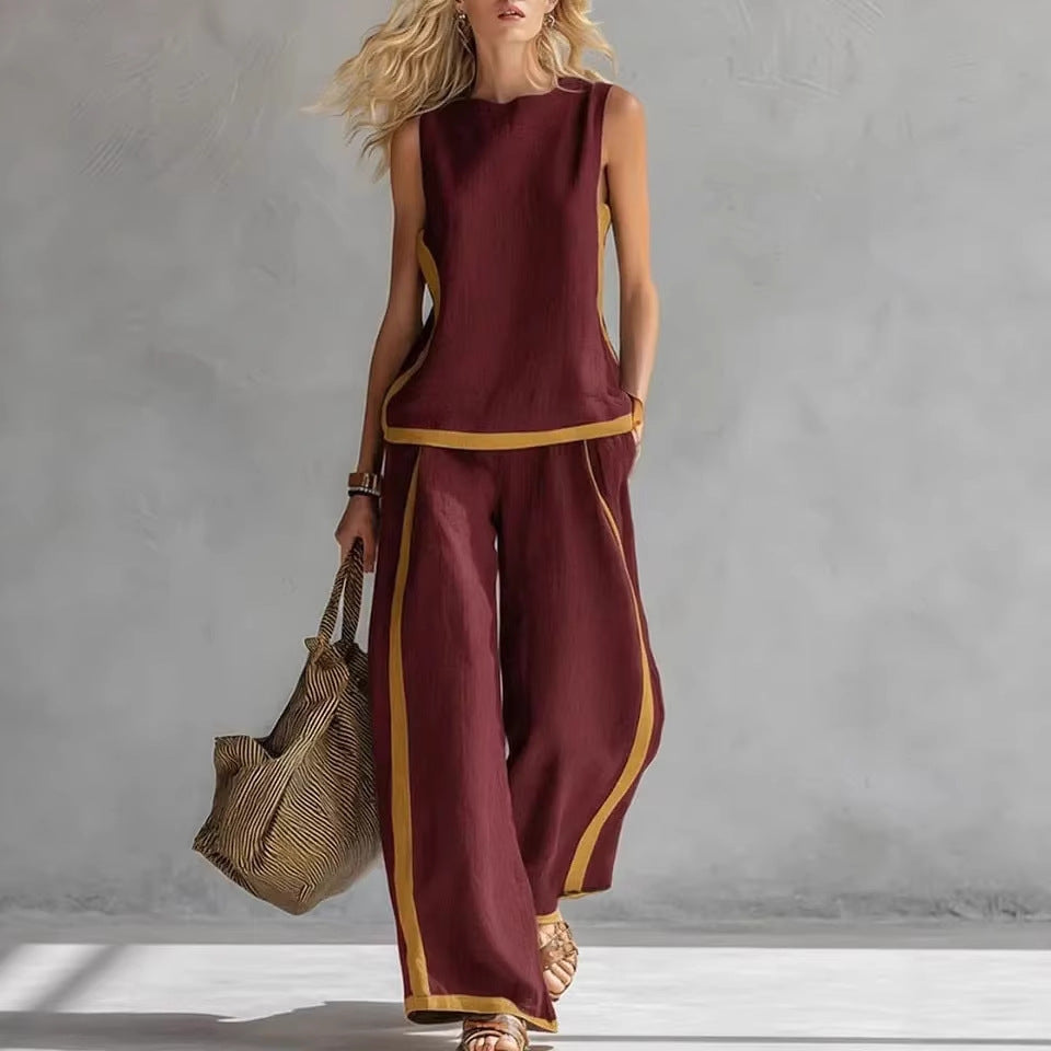 Side Striped Sleeveless Women's Top + High Waist Loose Wide Leg Pants 2-Piece Set to 3X Plus Size
