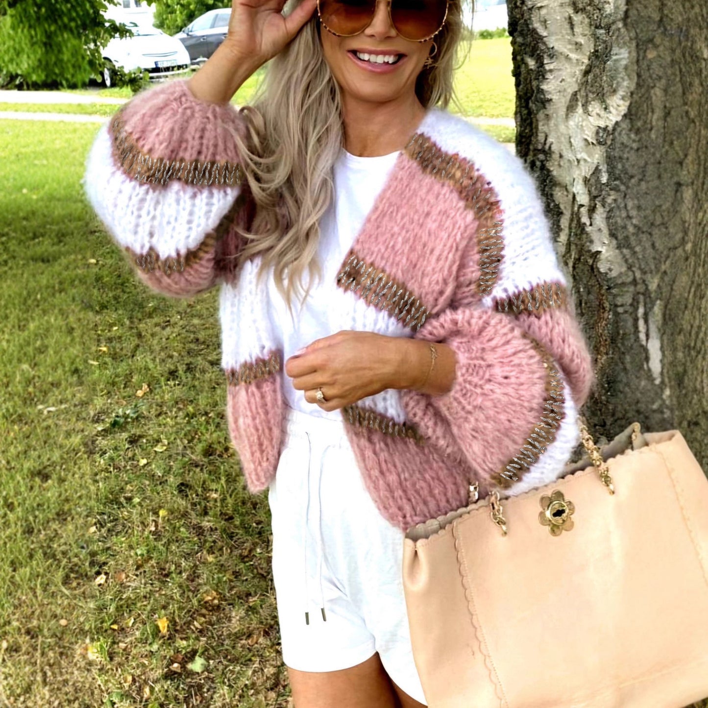 Crochet Colorblock Striped Women's Long Sleeve Cardigan Sweater