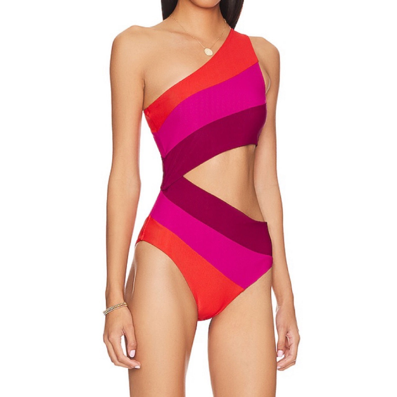 Colorblock Striped Asymmetrical Oblique One Shoulder Women's Hollow-Out One-Piece Swimsuit