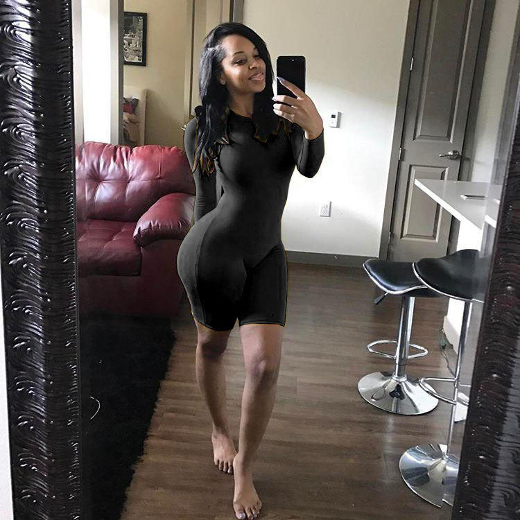 Bodycon Women's Long Sleeve Solid Color Fitness Shorts Romper