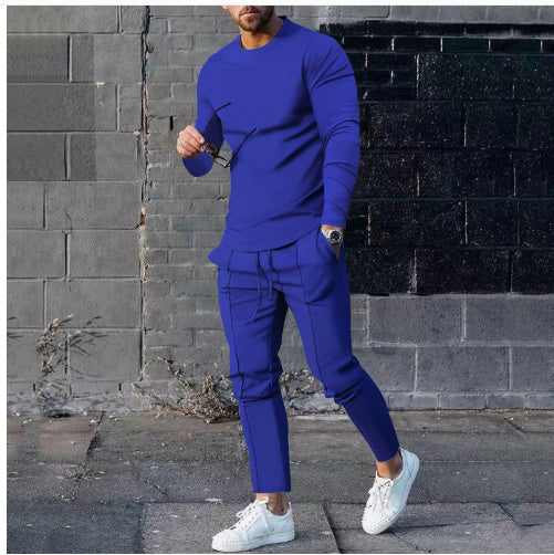 Men's Solid Color 3D Digital Print Long Sleeve O-Neck T-Shirt + Drawstring Pocketed Sweatpants 2-Piece Set