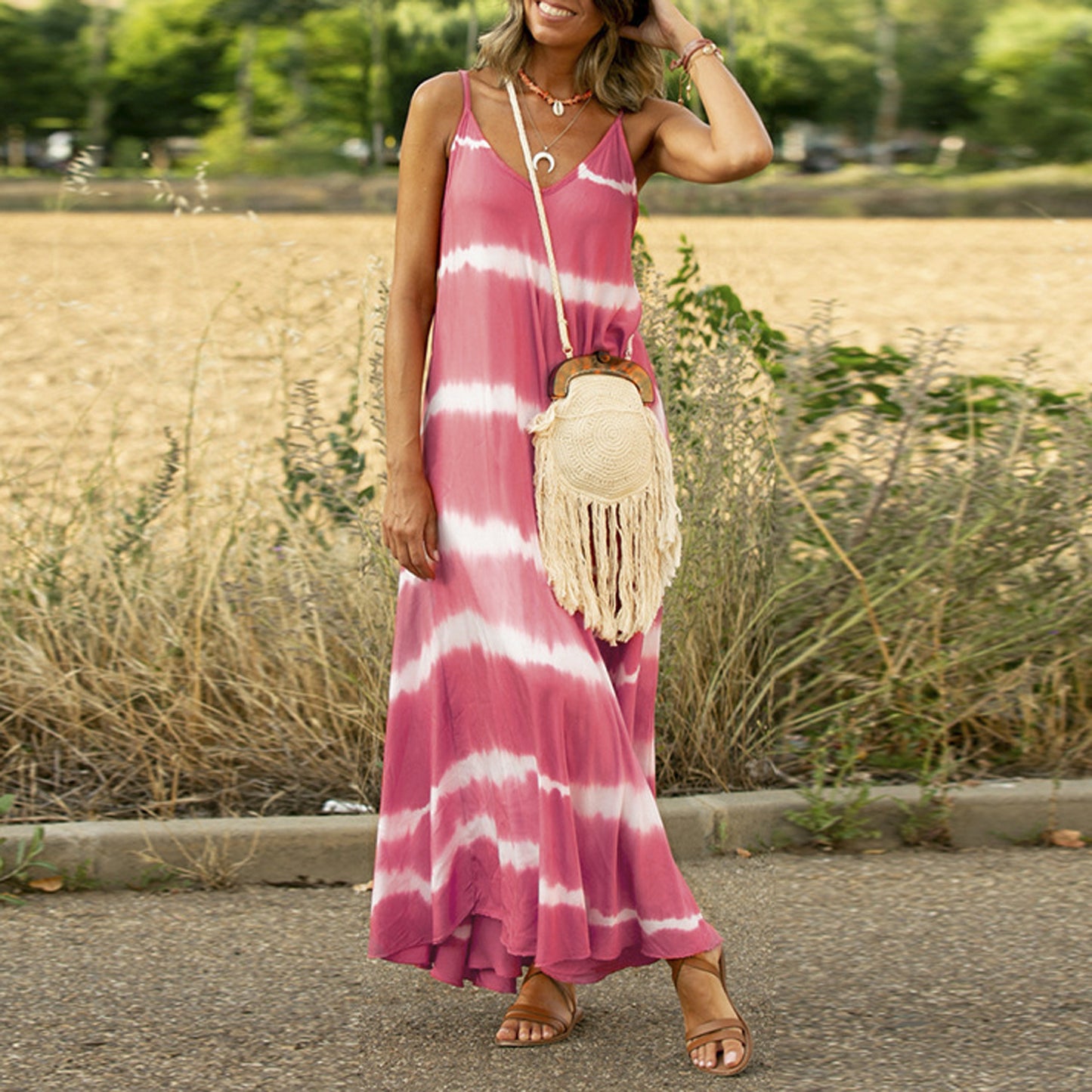Striped Spaghetti Strap Tie-Dye Sleeveless Maxi Dress