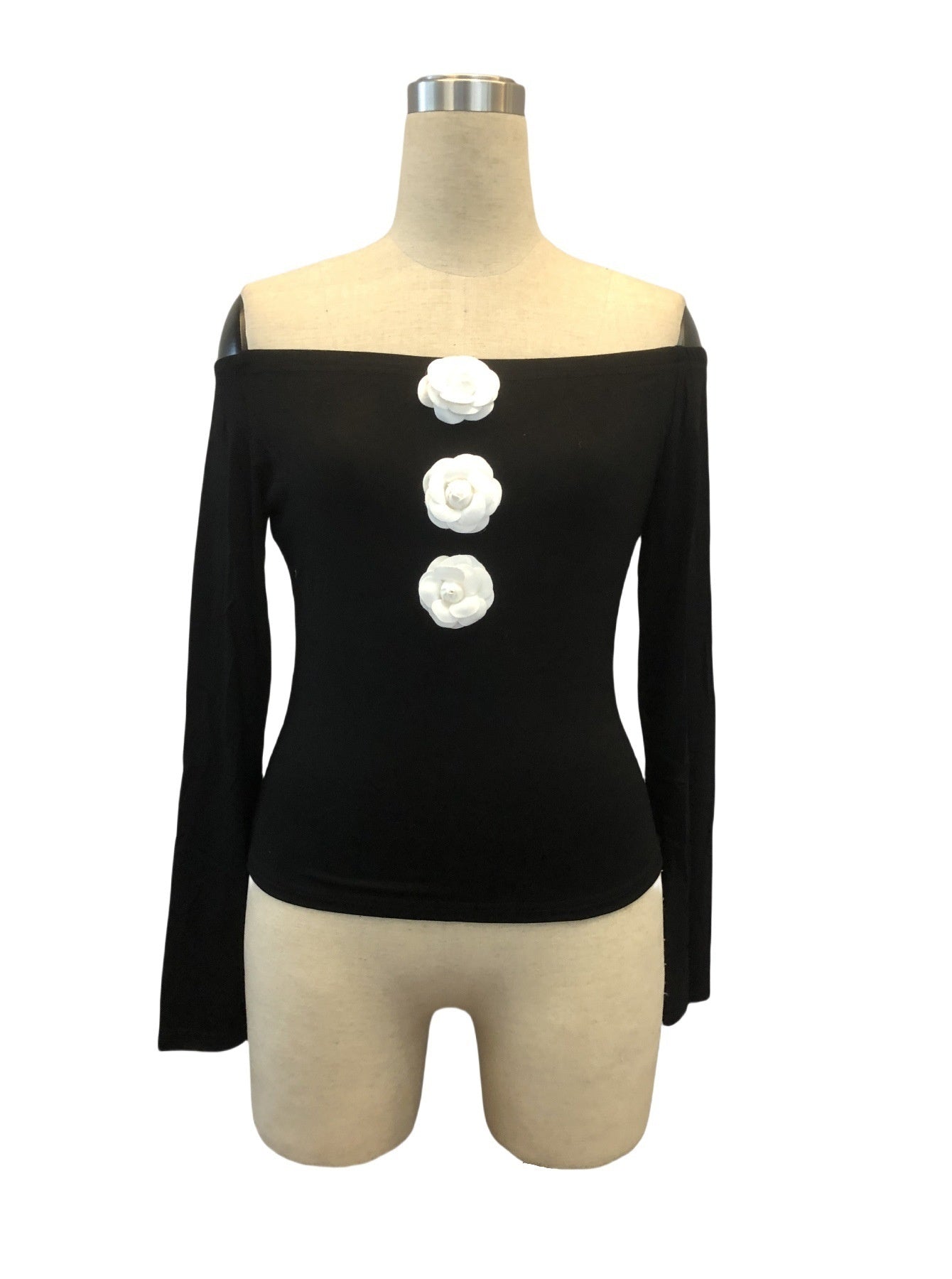 Black Off-the-Shoulder 3D White Floral Embroidered Skinny Long Sleeve Women's Shirt