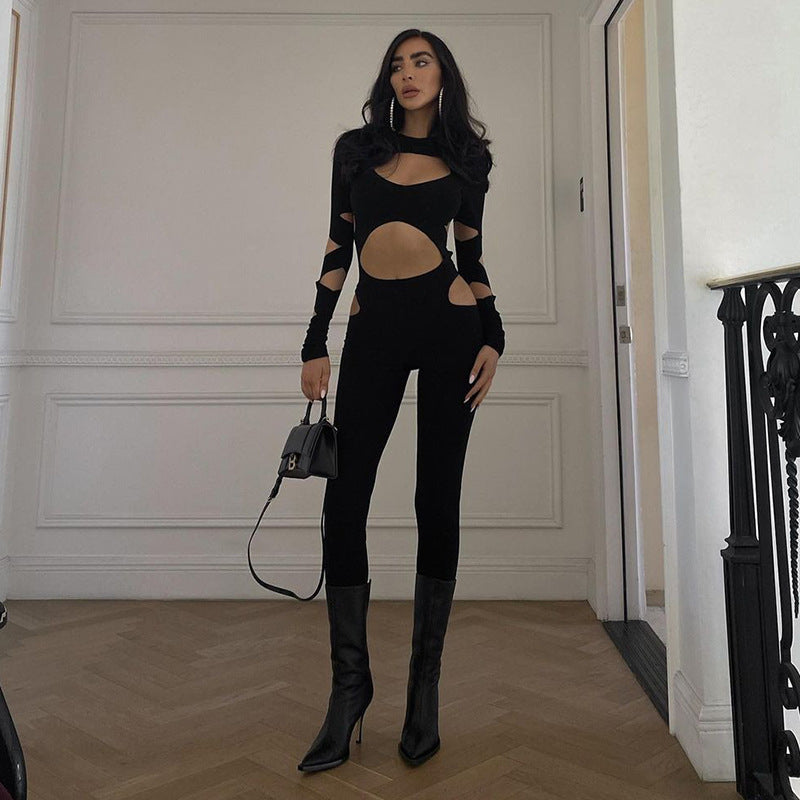 Black Hollow-Out Ripped Long Sleeve Women's Jumpsuit