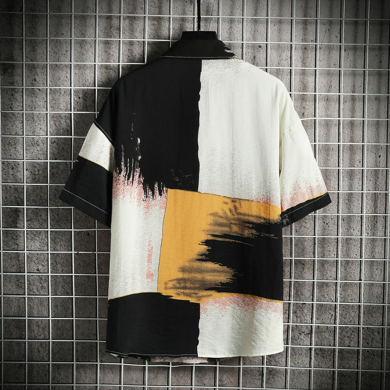 Men's Colorblock Tie-Dye Short Sleeve Turn-Down Collar Shirt