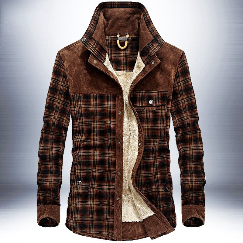 Men's Plaid Colorblock Fleece Lined Pure Cotton Button-Up Jacket