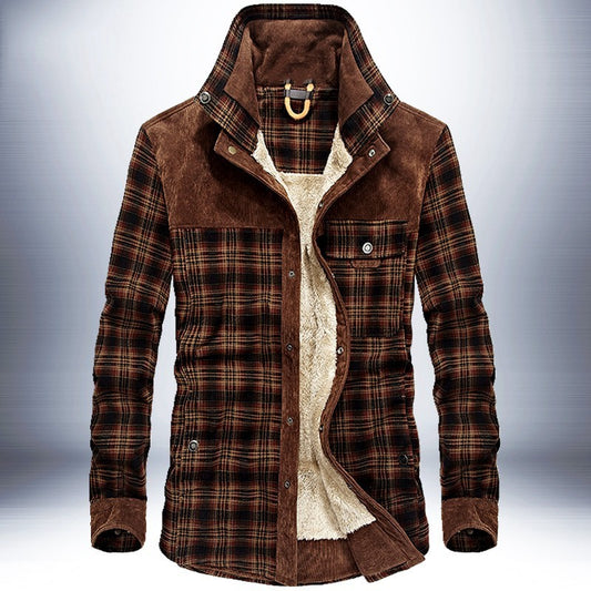 Men's Plaid Colorblock Fleece Lined Pure Cotton Button-Up Jacket
