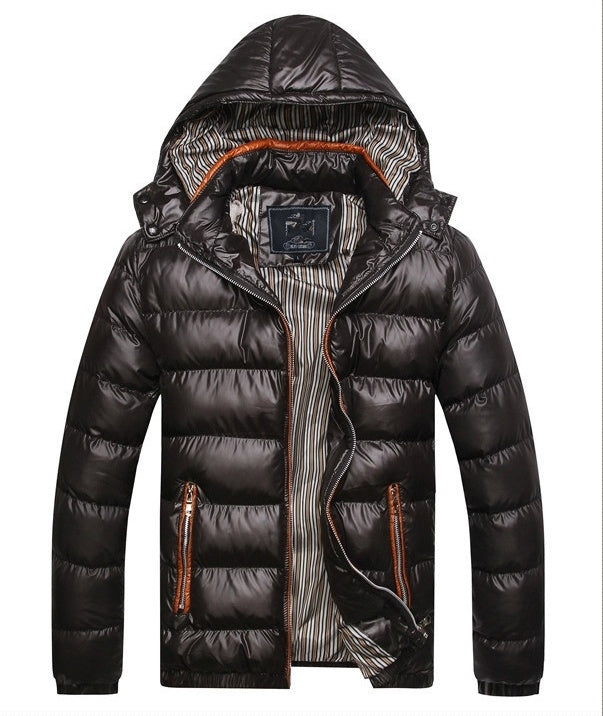 Men's Ribbed Solid Color Winter Puffer Hooded Jacket