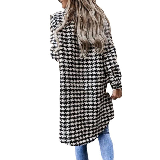 Houndstooth Print Double Pocket Design Women's Turn-Down Collar Maxi Jacket