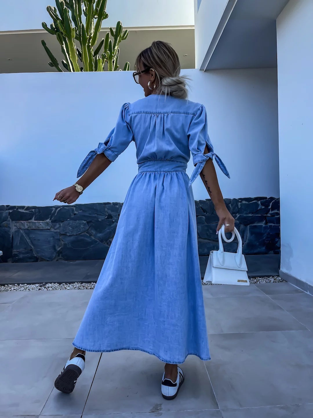 Denim Bohemian Ruched Deep V-Neck Long Sleeve High Slit Maxi Jean Dress