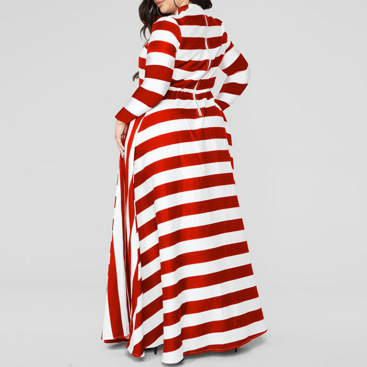 Striped O-Neck Long Sleeve Maxi Dress to 4X Plus Size