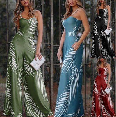 Leaf Striped Colorblock Print Spaghetti Strap Women's Sleeveless Jumpsuit to 3X Plus Size