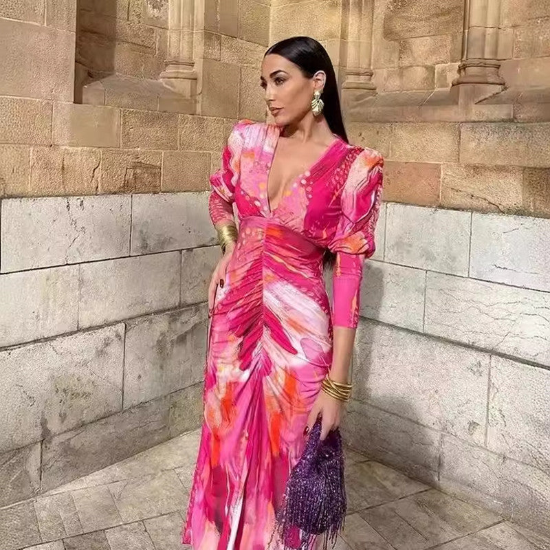 Ruched Pleated Floral Print Deep V-Neck Long Sleeve Maxi Dress