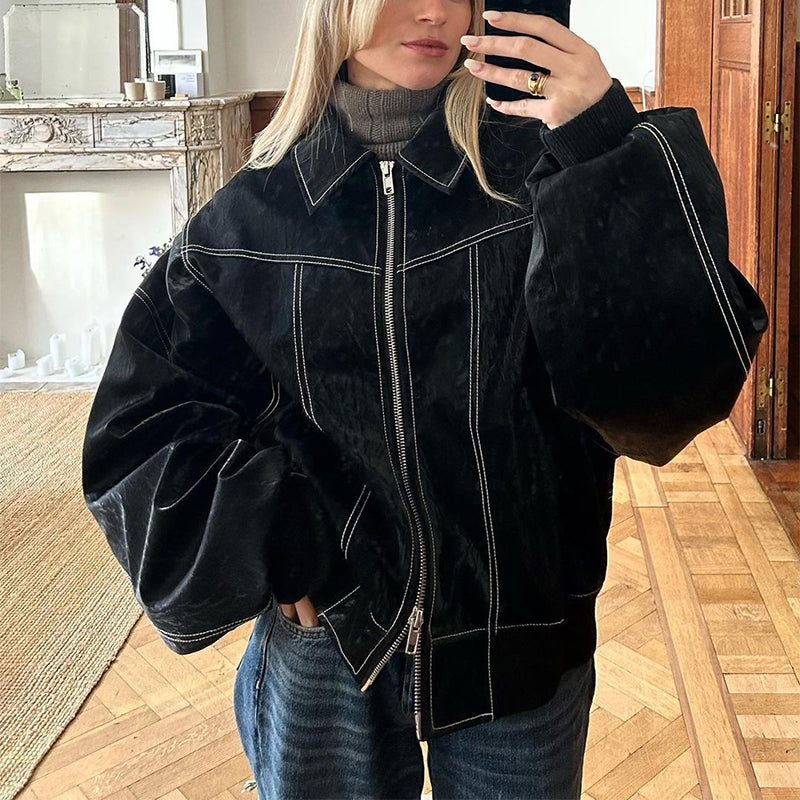 PU Leather Leopard/Solid Color Turn-Down Collar Long Sleeve Women's Motorcycle Biker Zipper Jacket