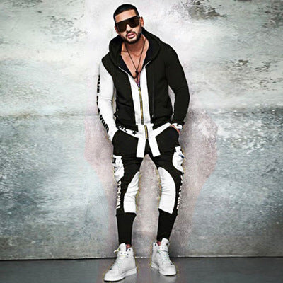 Men's Colorblock Letter Print Hip-Hop Zipper Hoodie Jacket + Skinny Jogger Sweatpants Tracksuit