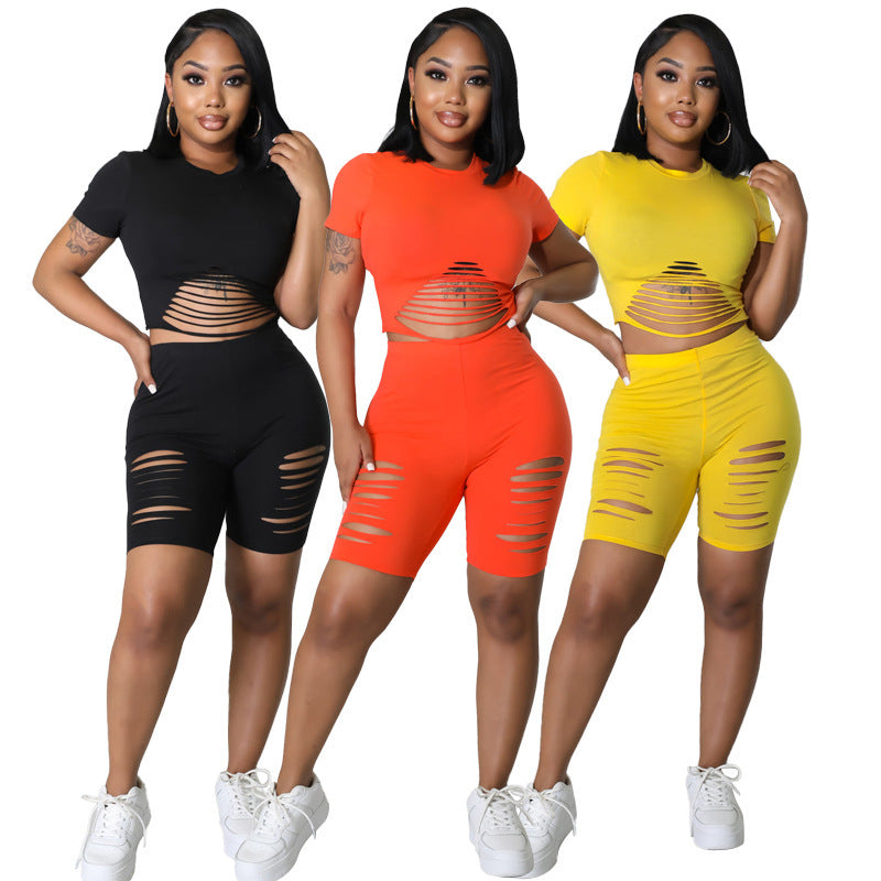 Skinny Solid Color Women's Short Sleeve Crop T-Shirt + Ripped Workout Shorts 2-Piece Fitness Set to 5X Plus Size