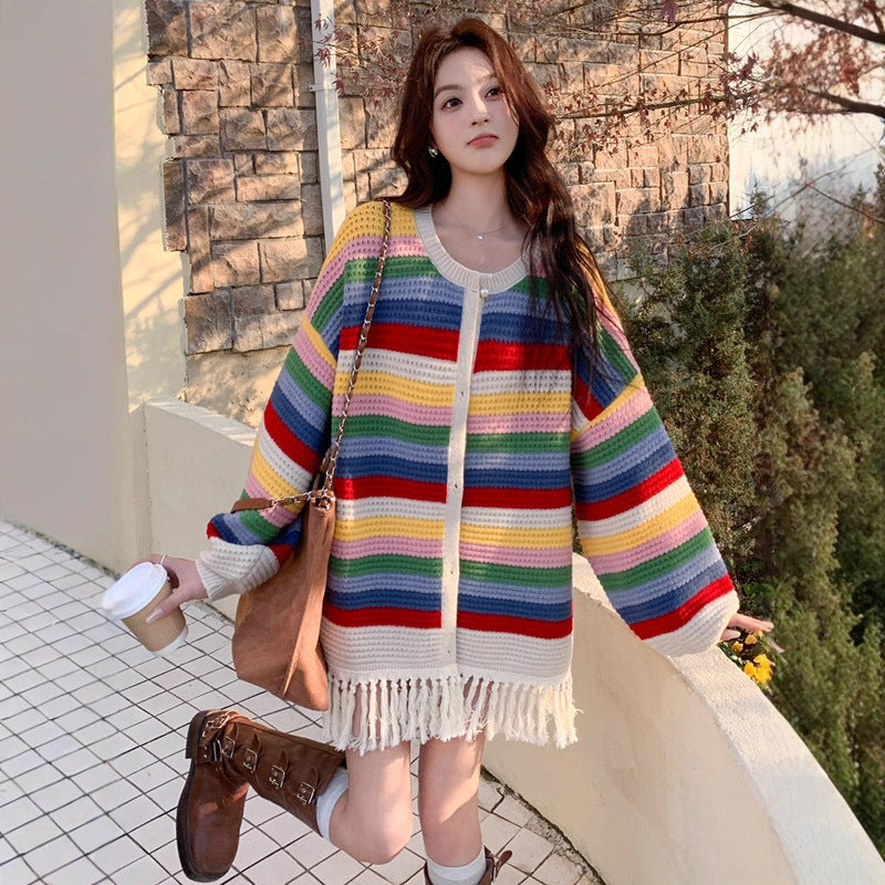 Oversized Striped Multi-Colored Tassel Fringe Design Women's Cardigan Sweater