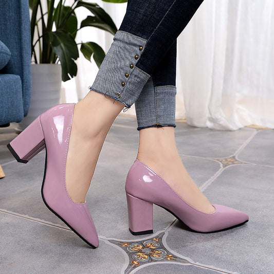 Patent Leather Solid Color Women's Pointed Toe Square Heel Pumps