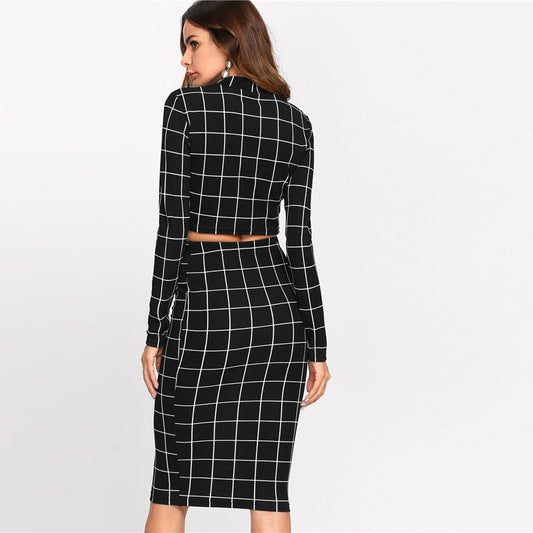 Black/White Checker Grid Pattern O-Neck Collar Long Sleeve Women’s Crop Top & Office Pencil Skirt 2-Piece Set