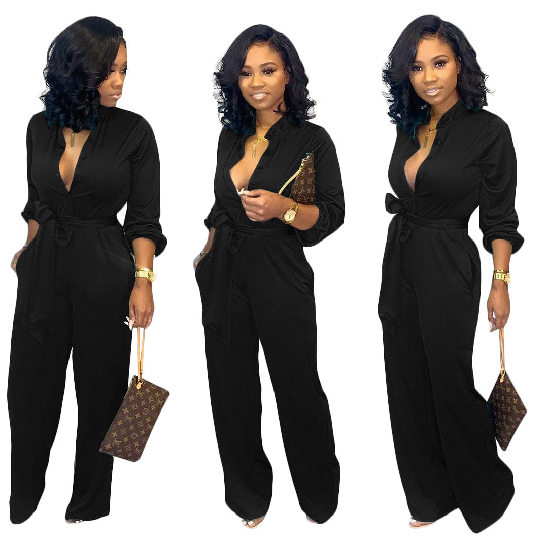 Button-Up Turn-Down Collar Women's Long Sleeve Solid Color Jumpsuit