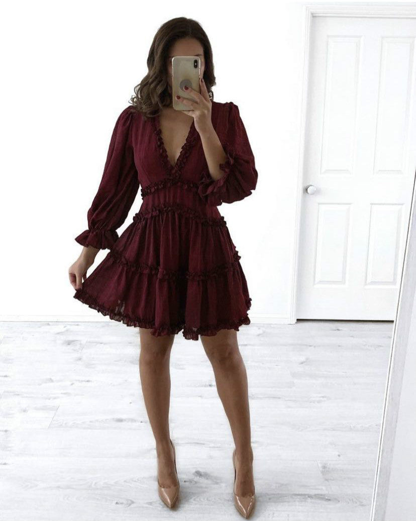 Bohemian Floral Print Ruffled Deep V-Neck Long Puff Sleeve Mini Dress