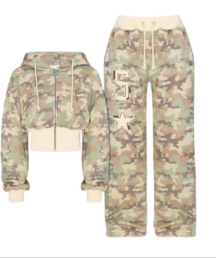 Camoflauge Long Sleeve Crop Zipper Hoodie Sweat Jacket + Drawstring Sweatpants Women's Tracksuit
