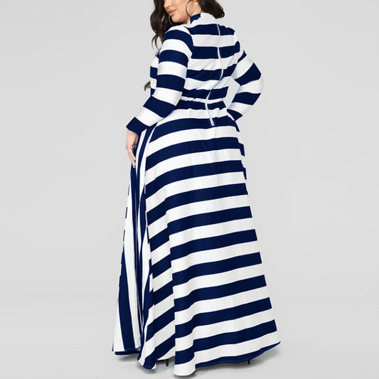 Striped O-Neck Long Sleeve Maxi Dress to 4X Plus Size
