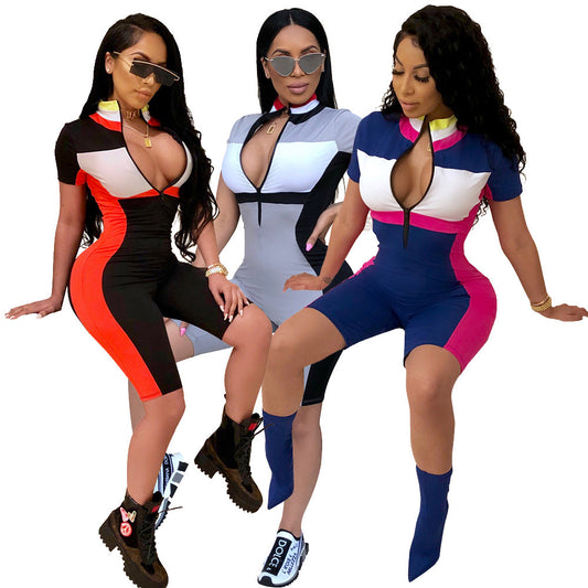 Side Striped Colorblock Short Sleeve Skinny Fitness Bodycon Women's Zipper Front Shorts Gym Romper