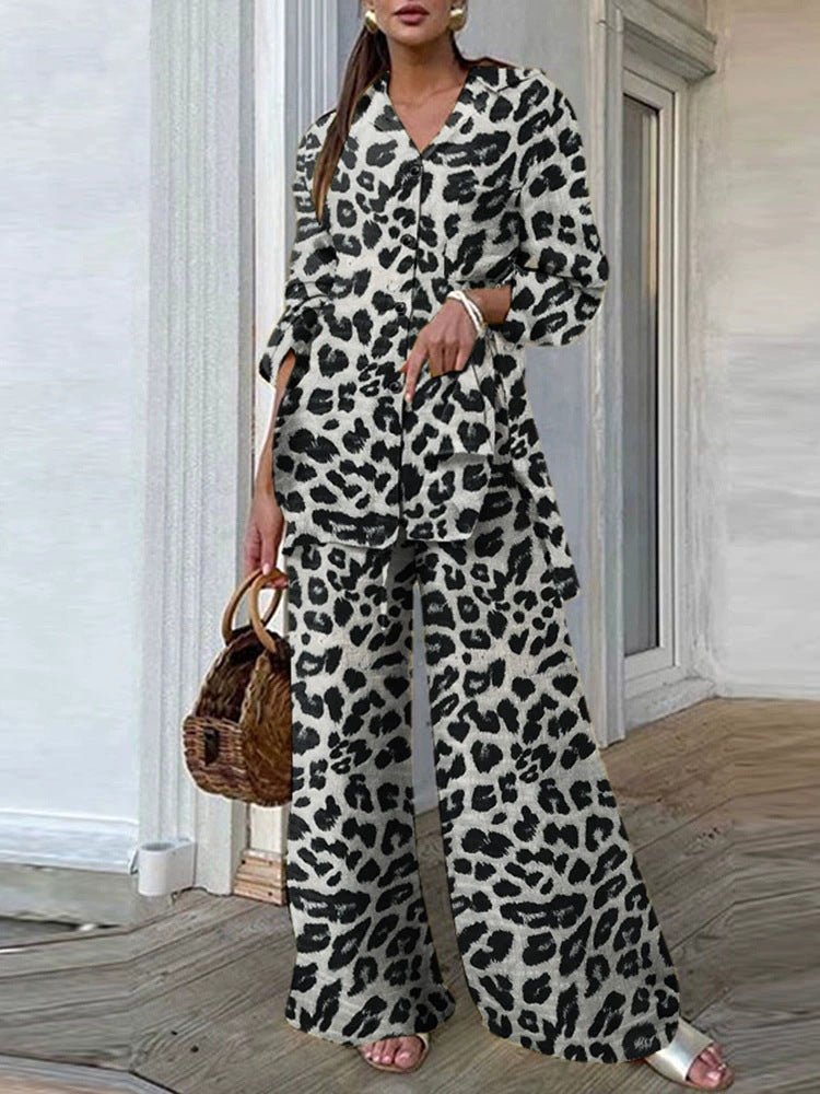 Leopard/Solid Turn-Down Collar Long Sleeve Button-Up Maxi Blouse + Wide Leg Pants Women's 2-Piece Office Set to 5X Plus Size