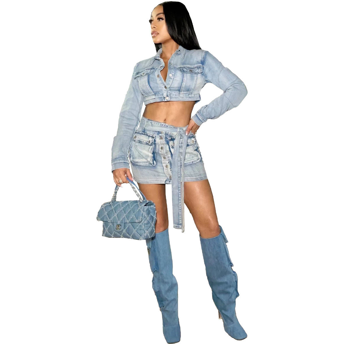 Faded Washed Light Blue Denim Crop Jean Jacket + Cargo Pocketed Mini Jean Skirt Women's 2-Piece Set
