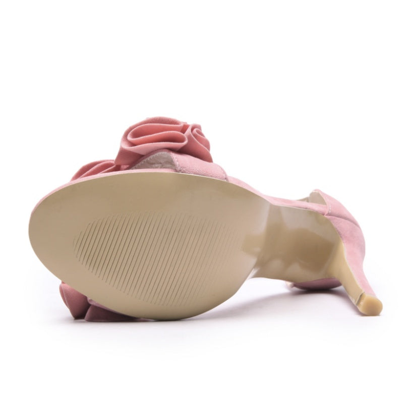 Flower Embroidered Suede Open Toe Ankle Round Strap Stiletto Heel Sandal Pumps