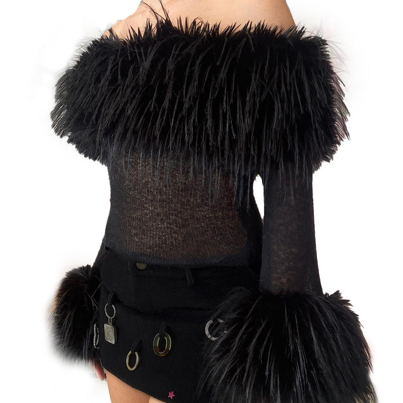 Knitted Faux Fur Collar Solid Color Off-the-Shoulder Long Furry Sleeve Women's Sweater