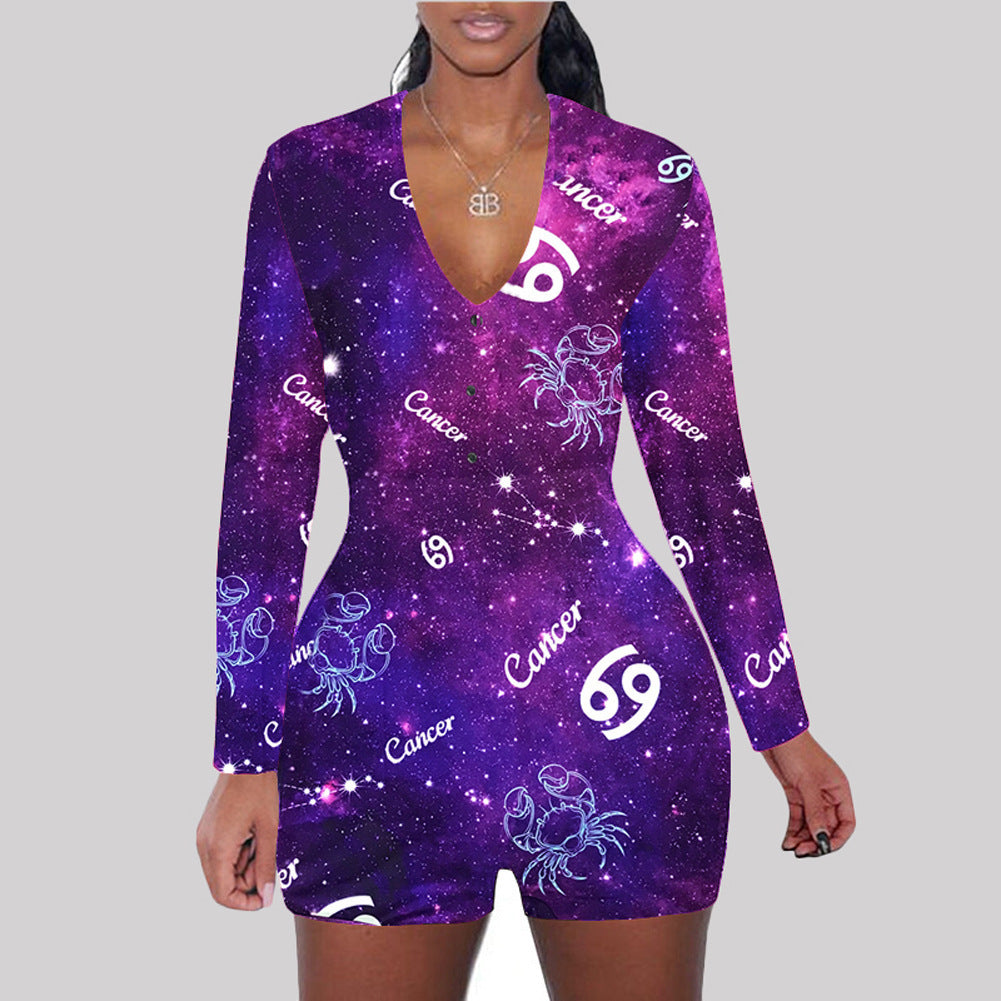 Astronomy Print Long Sleeve V-Neck Bodycon Women's One Piece Shorts Romper