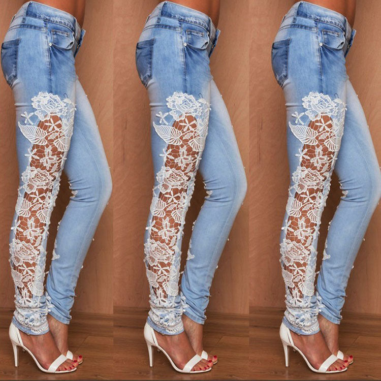 White Lace Decor Light Blue Denim Washed Women's Skinny Jeans
