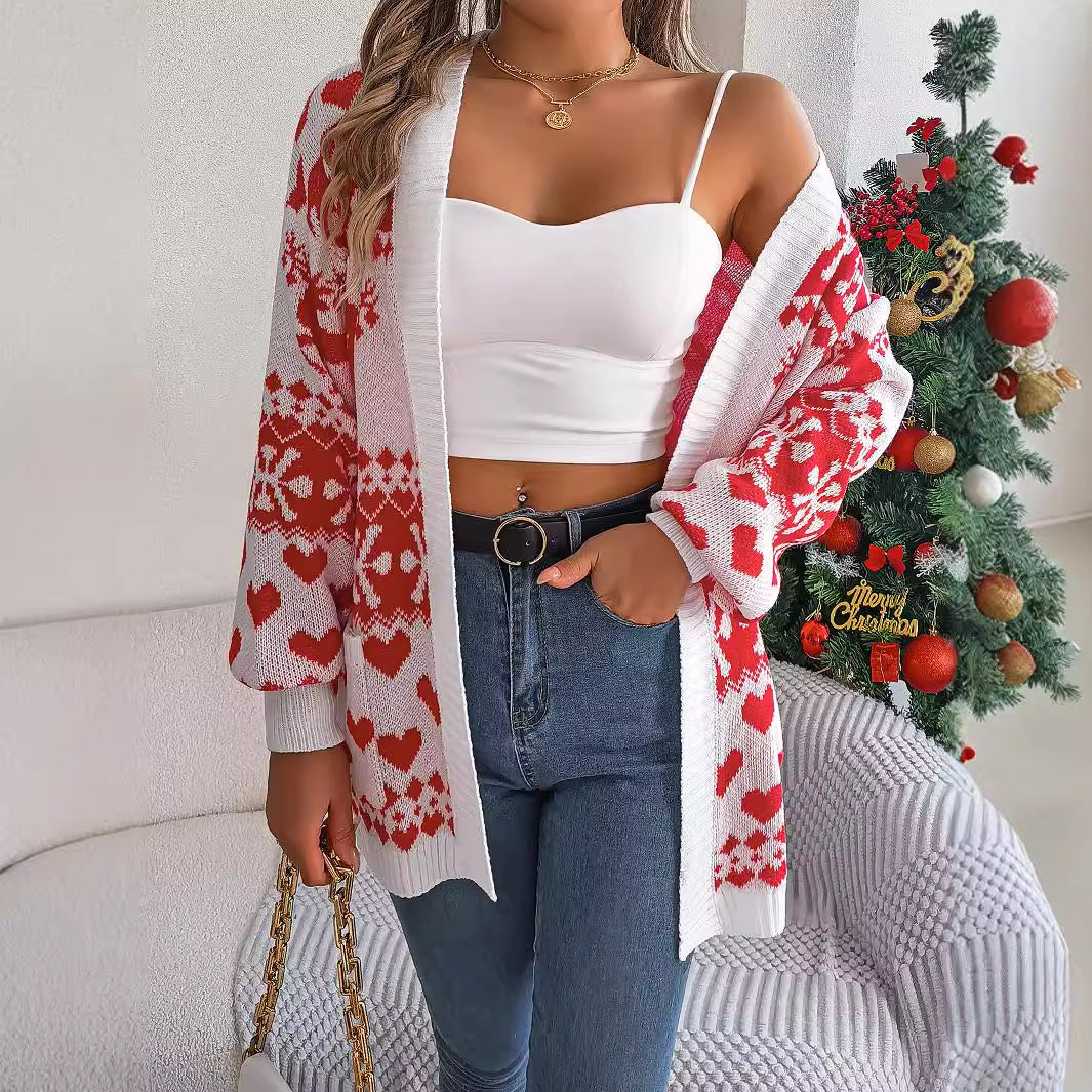 Knitted Christmas Reindeer Women's Printed Open Front Lantern Sleeve Oversized Pocketed Sweater