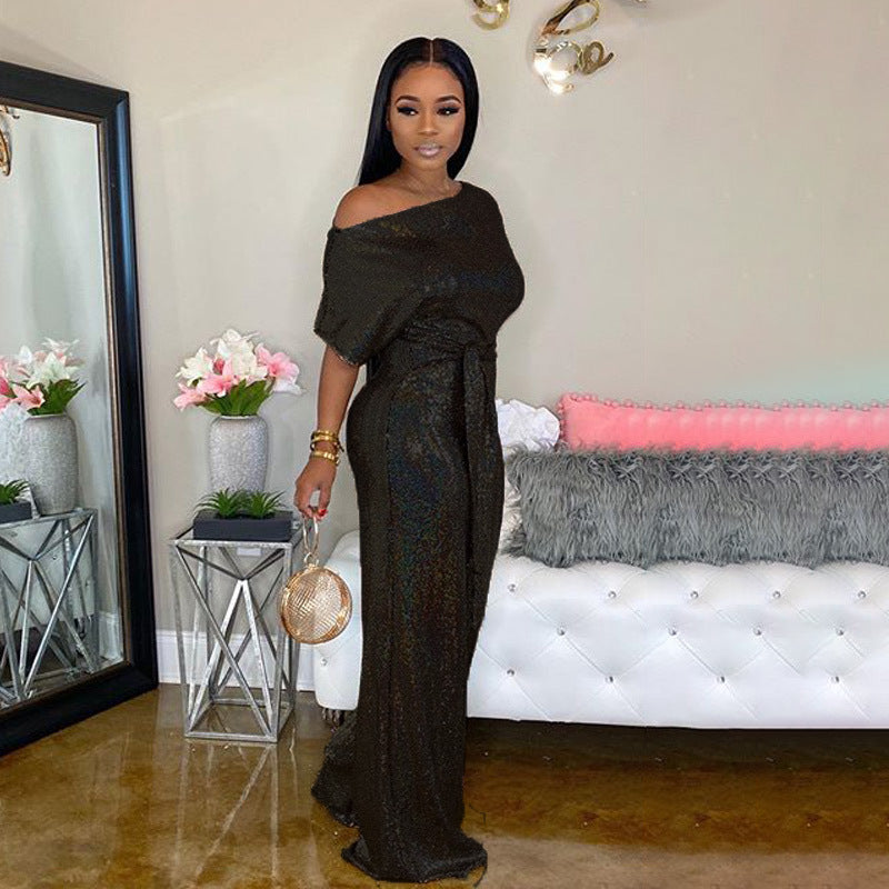 Glitter Sequin  Off-the-Shoulder Short Sleeve Women's Sash Belted Formal Party Jumpsuit to 4X Plus Size