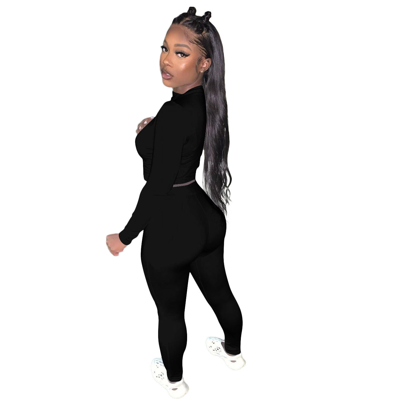 Long Sleeve Solid Color Women's Crop Top + Ruched Skin Tight Leggings 2-Piece Fitness Tracksuit