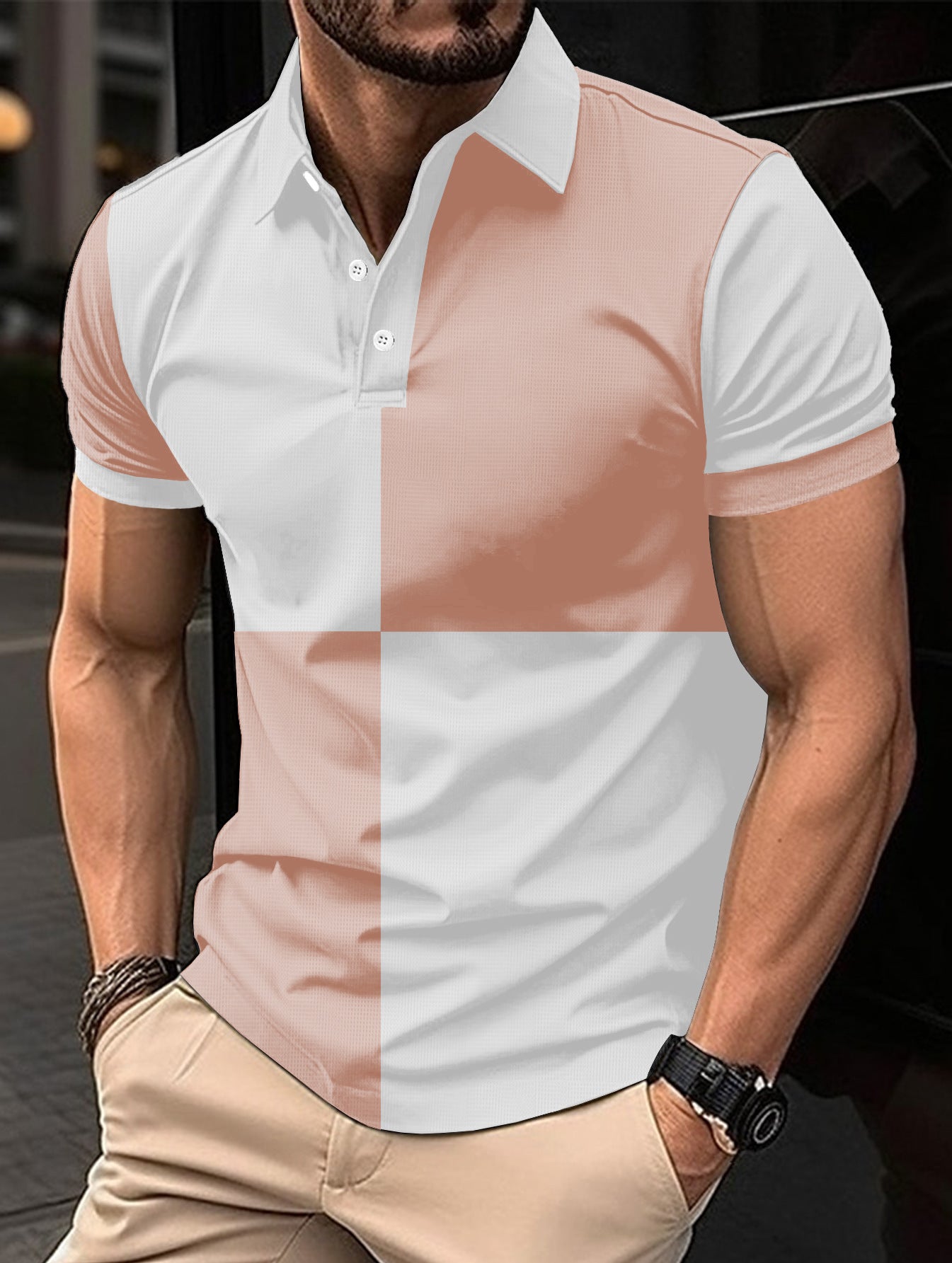 Colorblock Checker Print Turn-Down Collar Button-Up Polo Shirt