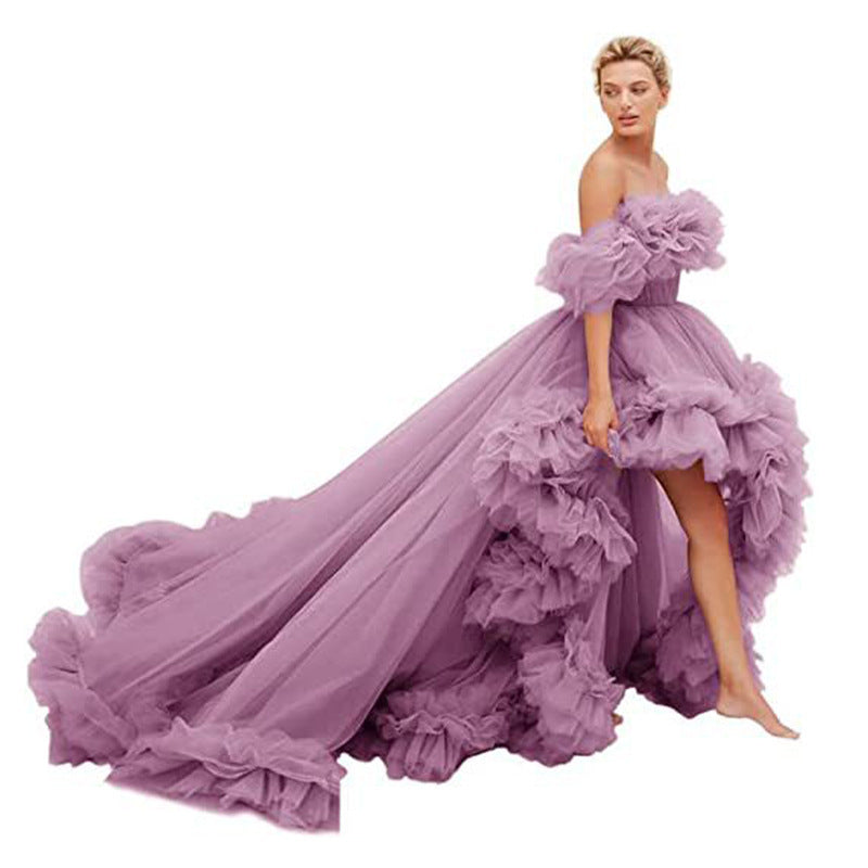 Oversized Ruffled High Low Tulle Off-the-Shoulder Long Tail Party/Prom/ Photoshoot Evening Gown Formal Dress