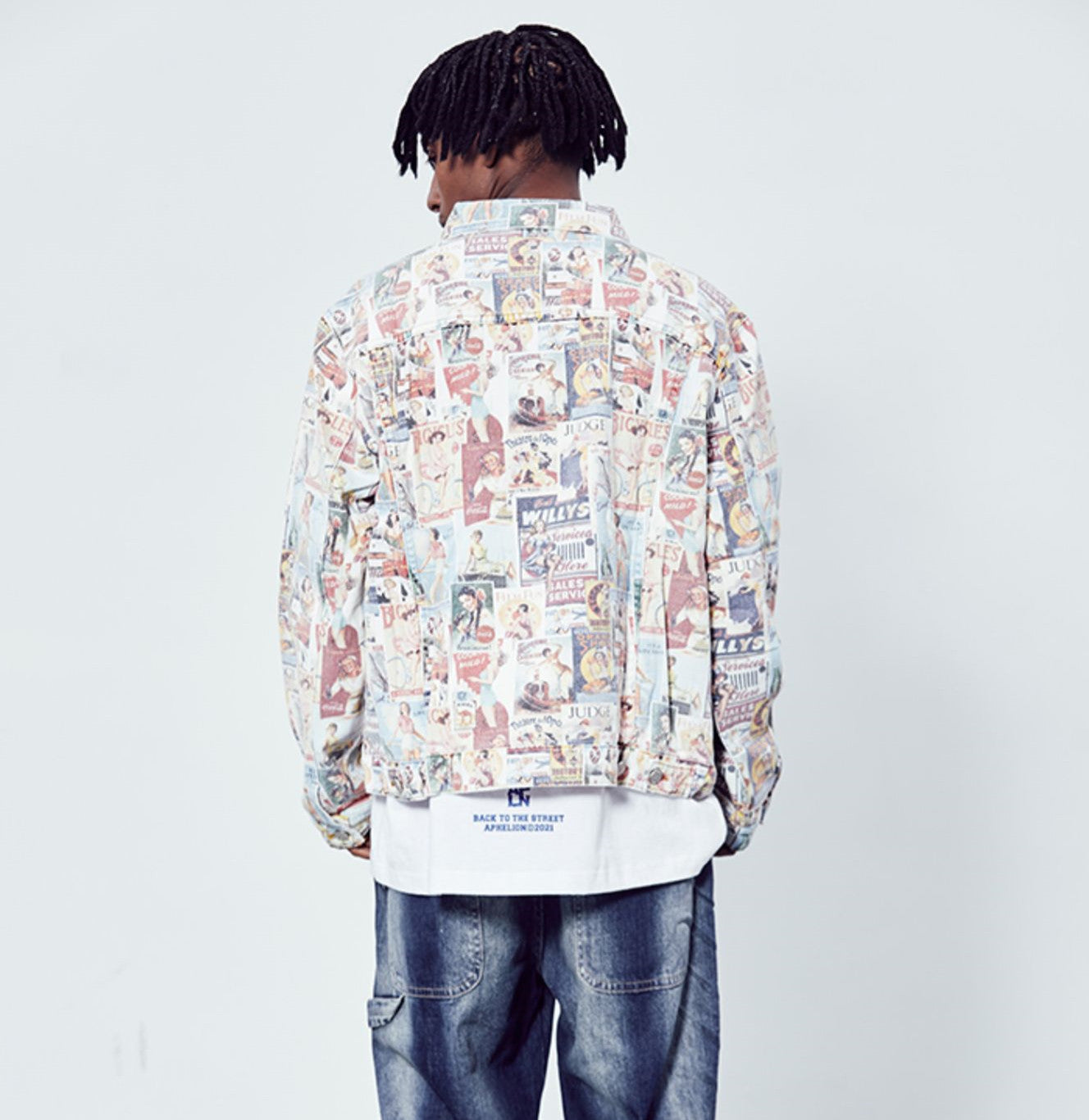 Men's Art Magazine Print Hip-Hop Washed Vintage Loose Cowboy Jean Jacket
