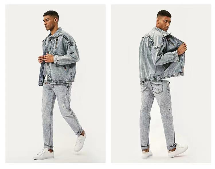 Men's Oversized Denim Faded Acid Washed Zipper Pocket Design Jean Jacket