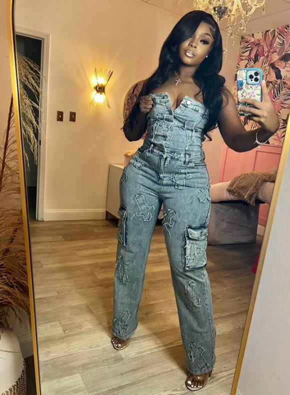 Denim Sky Blue  Stonewashed Faded V-Slit Sleeveless Embroidered Tube Top Women's Cargo Pocketed Jeans Jumpsuit