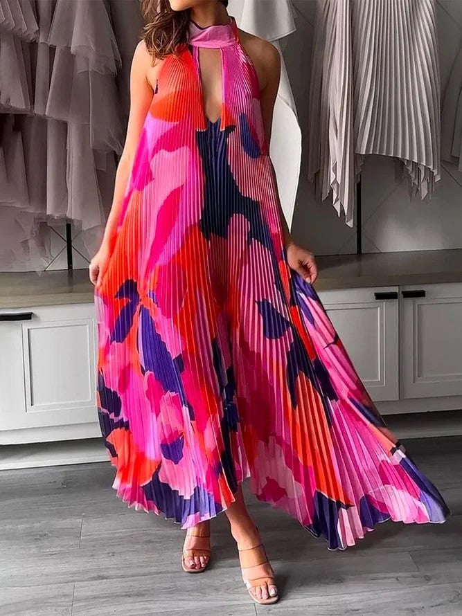Floral Print Pleated Sleeveless Deep V-Neck Halter Backless Swing Maxi Dress